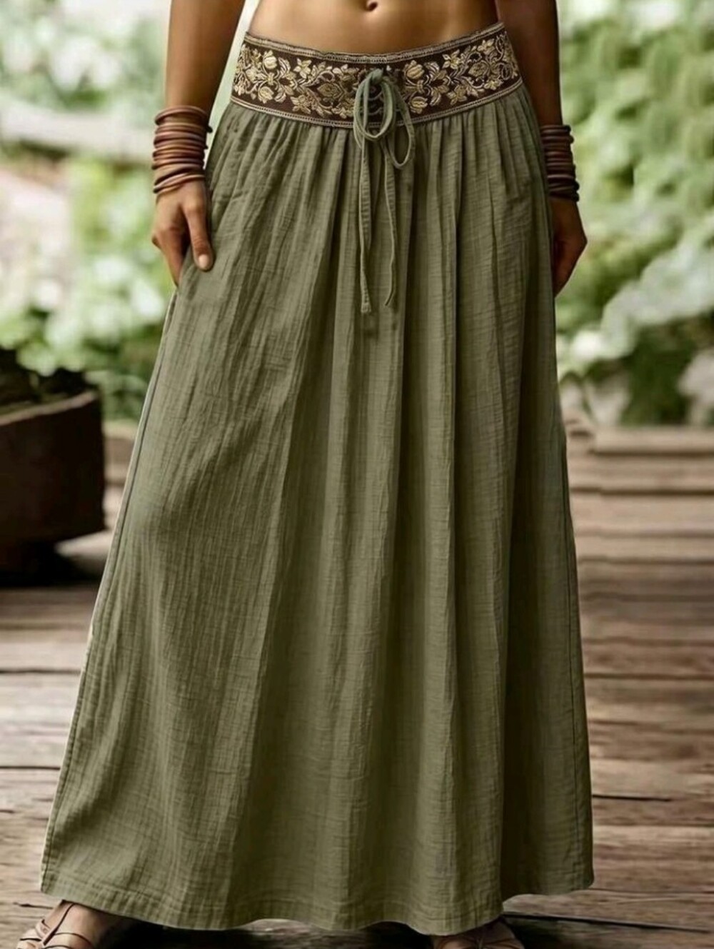Women's Wavy Pleated Embroidered Floral Pattern Woven Waist Skirt - Picture 5 of 7
